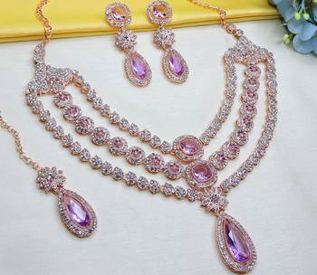 Purple rose gold premium designer american diamond and stone work necklace set 2