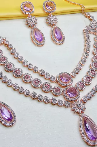 Purple rose gold premium designer american diamond and stone work necklace set