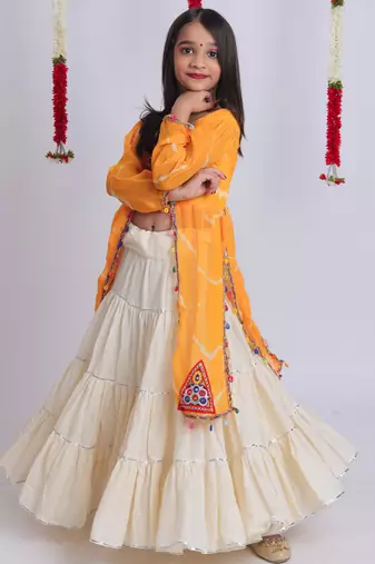 Navaratri special gota patti work lehenga with gamthi patch & cowrie lace work top for kids