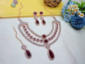 Maroon rose gold premium designer american diamond and stone work necklace set 1