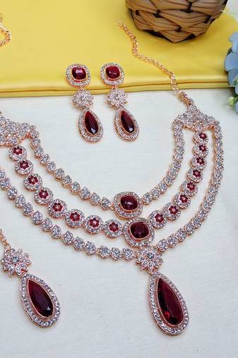 Maroon rose gold premium designer american diamond and stone work necklace set