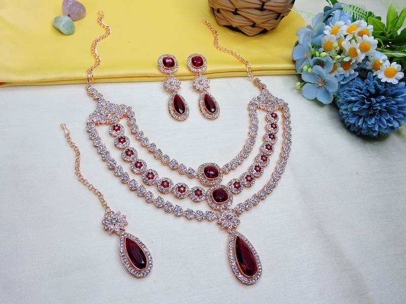 Maroon rose gold premium designer american diamond and stone work necklace set