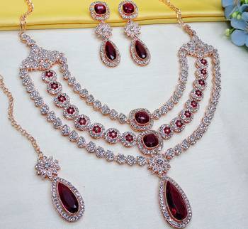 Maroon rose gold premium designer american diamond and stone work necklace set 2