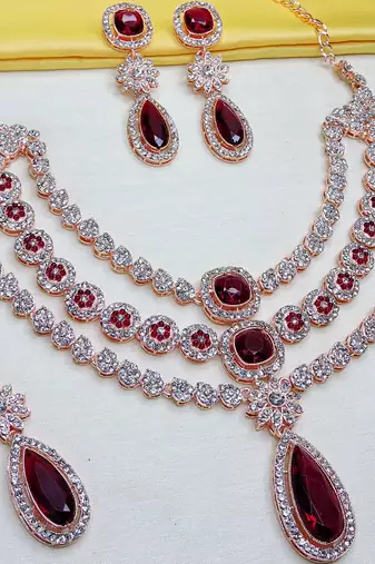 Maroon rose gold premium designer american diamond and stone work necklace set