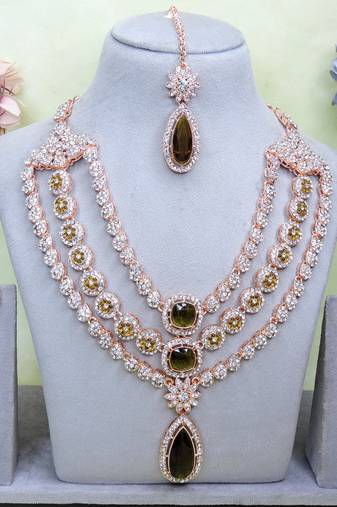 Green rose gold premium designer american diamond and stone work necklace set