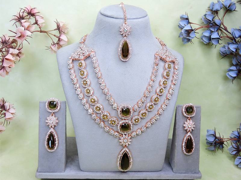 Green rose gold premium designer american diamond and stone work necklace set