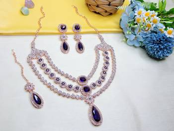 Blue rose gold premium designer american diamond and stone work necklace set 1