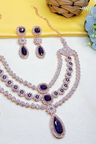Blue rose gold premium designer american diamond and stone work necklace set