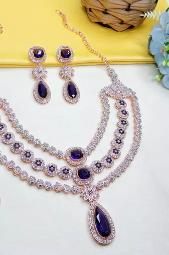 Blue rose gold premium designer american diamond and stone work necklace set