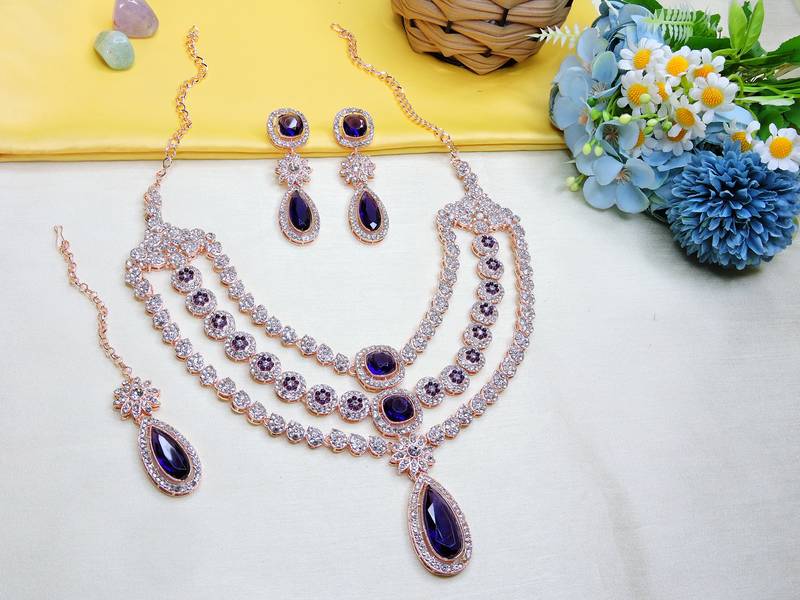 Blue rose gold premium designer american diamond and stone work necklace set