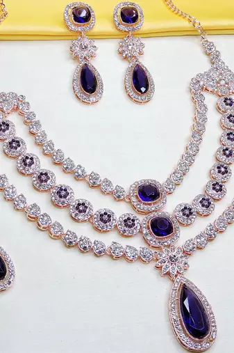 Blue rose gold premium designer american diamond and stone work necklace set