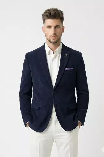 Navy blue tailored corduroy notch lapel blazer