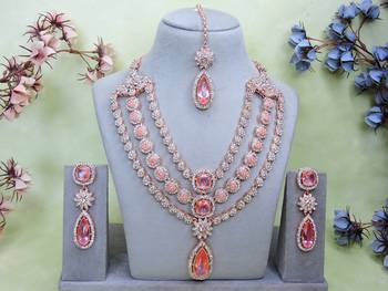 Pink rose gold premium designer american diamond and stone work necklace set 1