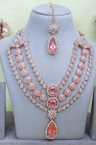 Pink rose gold premium designer american diamond and stone work necklace set