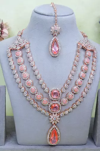 Pink rose gold premium designer american diamond and stone work necklace set