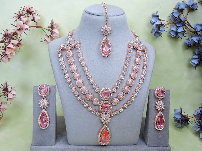 Pink rose gold premium designer american diamond and stone work necklace set