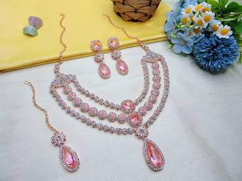 Pink rose gold premium designer american diamond and stone work necklace set 2