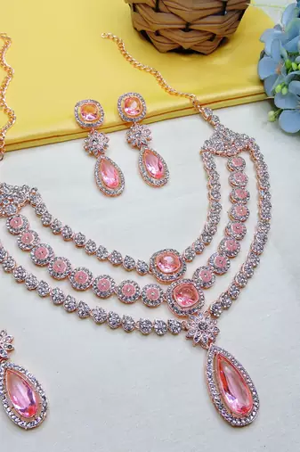 Pink rose gold premium designer american diamond and stone work necklace set