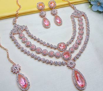 Pink rose gold premium designer american diamond and stone work necklace set 3