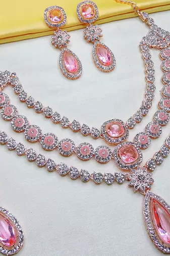 Pink rose gold premium designer american diamond and stone work necklace set