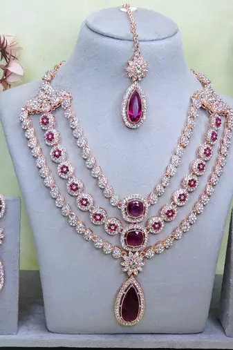 Purple rose gold premium designer american diamond and stone work necklace set