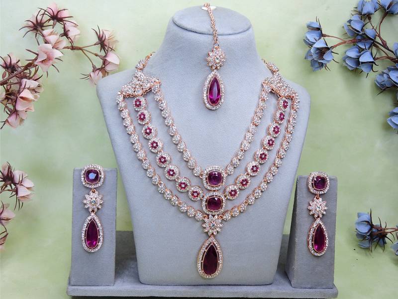 Purple rose gold premium designer american diamond and stone work necklace set