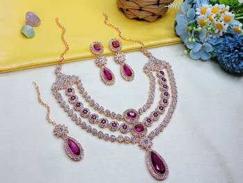 Purple rose gold premium designer american diamond and stone work necklace set 2