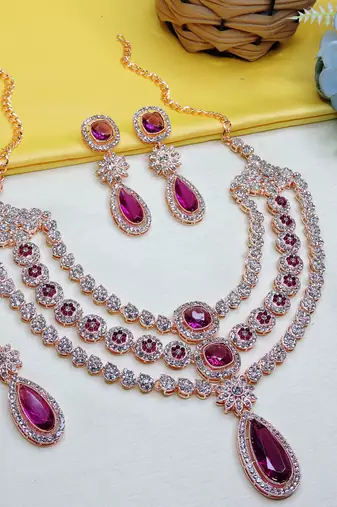 Purple rose gold premium designer american diamond and stone work necklace set