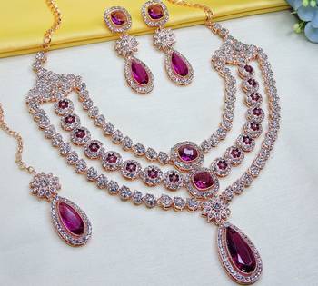 Purple rose gold premium designer american diamond and stone work necklace set 3