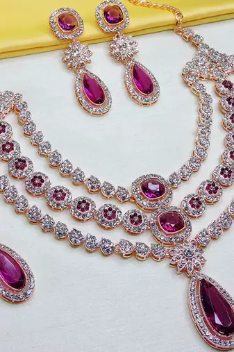 Purple rose gold premium designer american diamond and stone work necklace set