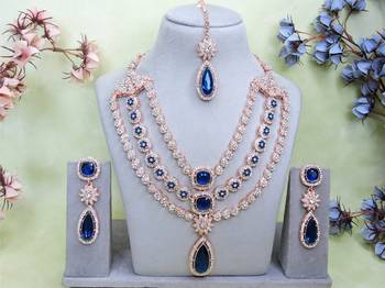 Blue rose gold premium designer american diamond and stone work necklace set 1