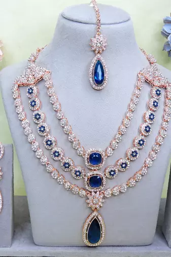 Blue rose gold premium designer american diamond and stone work necklace set