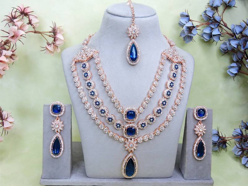 Blue rose gold premium designer american diamond and stone work necklace set