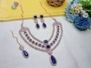 Blue rose gold premium designer american diamond and stone work necklace set 2
