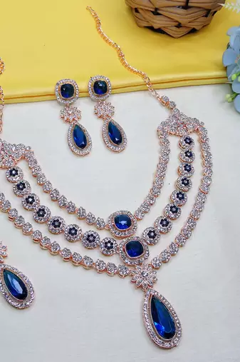 Blue rose gold premium designer american diamond and stone work necklace set