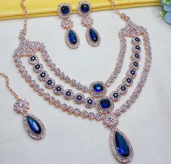 Blue rose gold premium designer american diamond and stone work necklace set 3