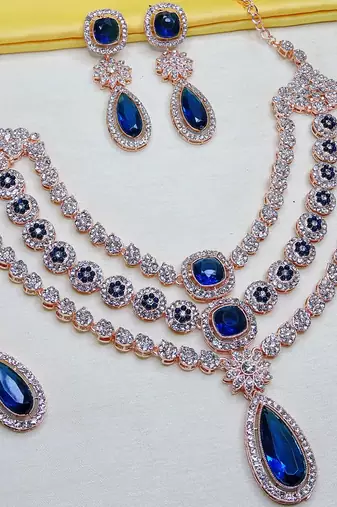 Blue rose gold premium designer american diamond and stone work necklace set