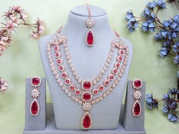 Pink rose gold premium designer american diamond and stone work necklace set 1