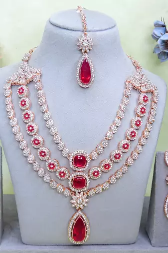 Pink rose gold premium designer american diamond and stone work necklace set