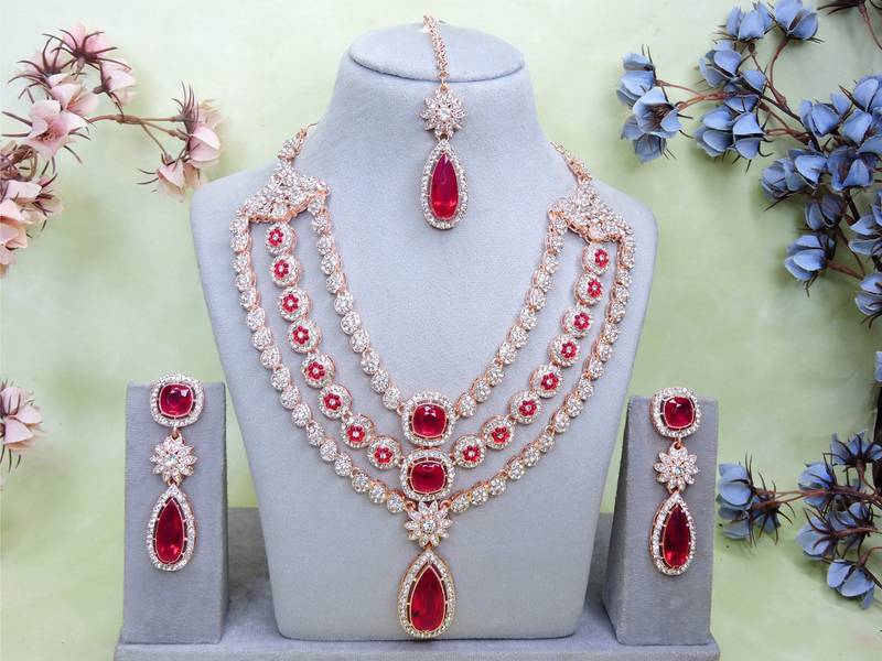Pink rose gold premium designer american diamond and stone work necklace set