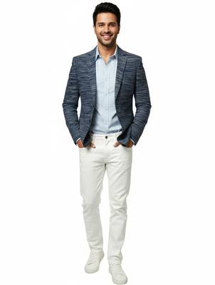 Navy blue textured melange knit notch lapel blazer 1