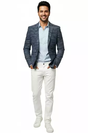 Navy blue textured melange knit notch lapel blazer