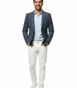 Navy blue textured melange knit notch lapel blazer