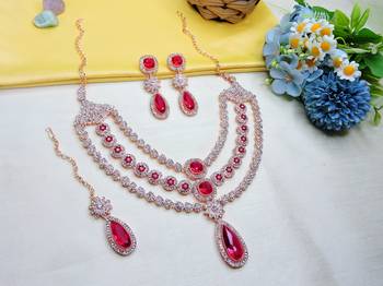 Pink rose gold premium designer american diamond and stone work necklace set 2
