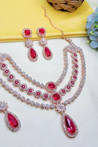 Pink rose gold premium designer american diamond and stone work necklace set