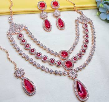 Pink rose gold premium designer american diamond and stone work necklace set 3
