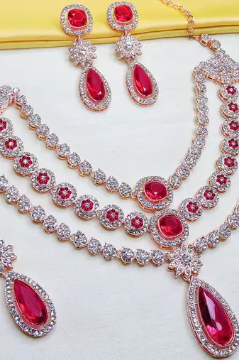 Pink rose gold premium designer american diamond and stone work necklace set