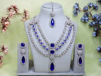 Blue rhodium premium designer american diamond and stone work necklace set 1