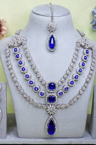 Blue rhodium premium designer american diamond and stone work necklace set