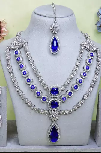 Blue rhodium premium designer american diamond and stone work necklace set